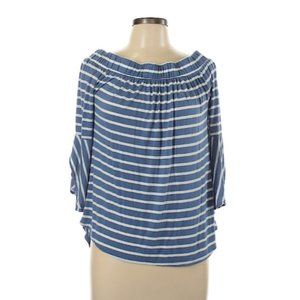 Lane Bryant Top Blue White Striped Shirt 3/4 Bell Sleeve Off Shoulder Tee 10/12